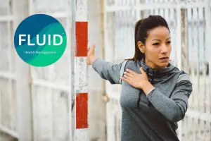 woman stretching her pecs against a pole and the fluid health logo